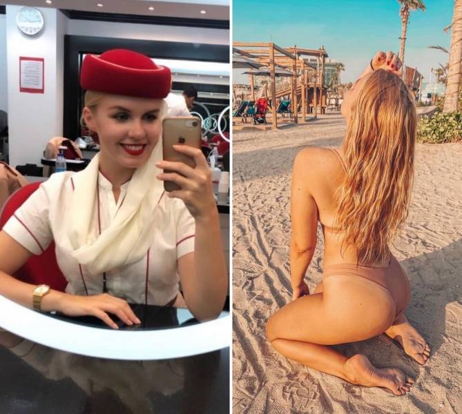 Sexy Flight Attendants With And Without Their Uniforms