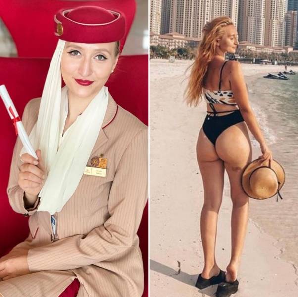 Sexy Flight Attendants With And Without Their Uniforms