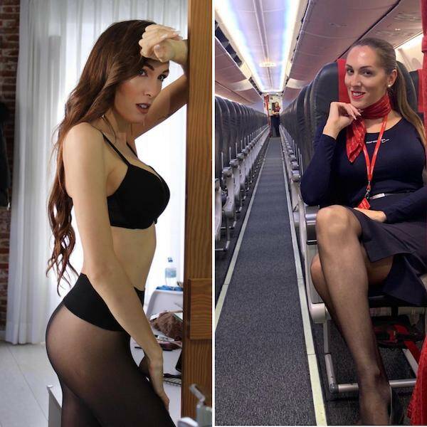 Hot Flight Attendants With And Without Their Uniform