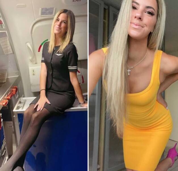 Hot Flight Attendants With And Without Their Uniform