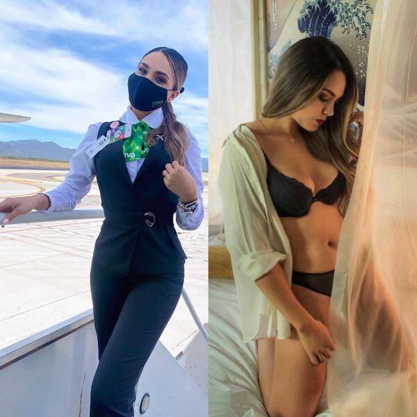 Hot Flight Attendants With And Without Their Uniform